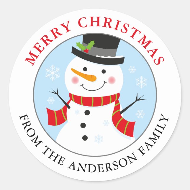 Snowman Personalised Holiday Sticker Round (Front)