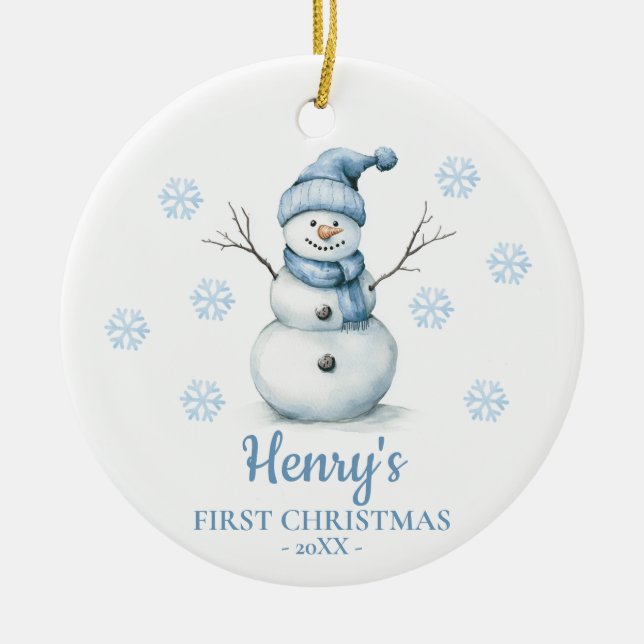 Snowman Personalized Baby's First Christmas Ceramic Tree Decoration (Front)