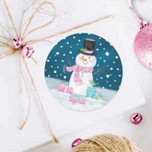 Snowman Pink Cute Personalised Christmas Holiday Classic Round Sticker