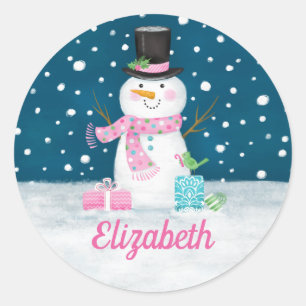 Snowman Pink Cute Personalized Christmas Holiday Classic Round Sticker