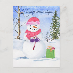 Snowman pink scarf candy-cane Happy snow days Postcard