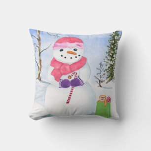 Snowman pink scarf candy-cane winter landscape cushion