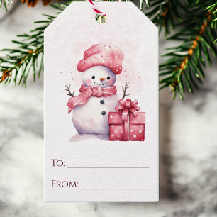 Snowman Pink Watercolor To and From Christmas Gift Tags