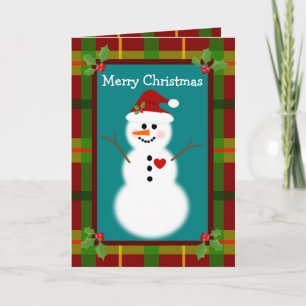 Snowman Plaid Holly Christmas Greeting Card