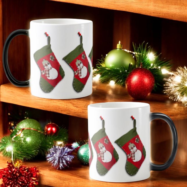 Snowman Plaid Scarf Hanging Christmas Stocking Magic Mug (Christmas stocking hanging design is displayed around the entire morphing style mug.)