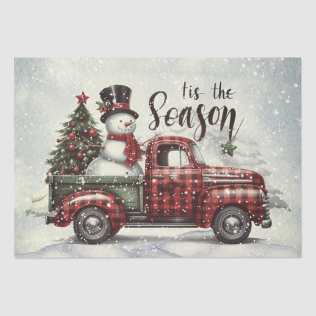 Snowman Plaid Truck Watercolor Winter Christmas Tissue Paper (Front)