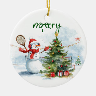 Snowman play tennis Christmas watercolor      Ceramic Tree Decoration