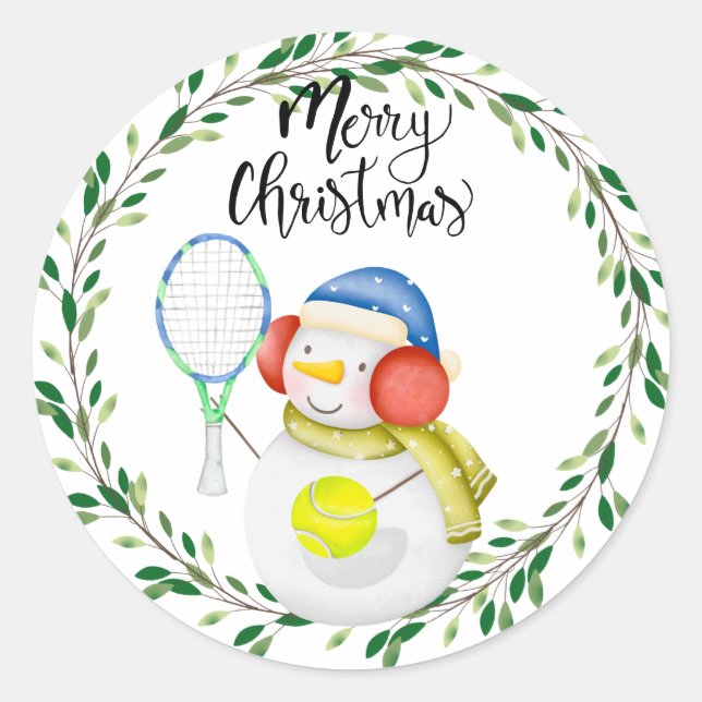Snowman play tennis Christmas watercolor     Class Classic Round Sticker (Front)