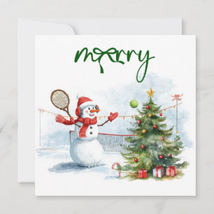Snowman play tennis Christmas watercolor Holiday Card