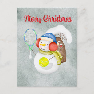 Snowman play tennis Christmas watercolor Holiday Postcard