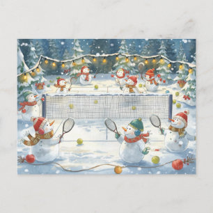 Snowman play tennis Christmas watercolor Holiday Postcard