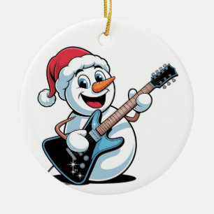 Snowman Playing Electric Guitar Santa Christmas Ceramic Tree Decoration
