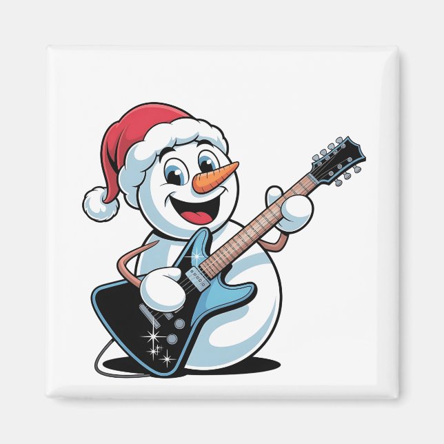 Snowman Playing Electric Guitar Santa Christmas Magnet (Front)