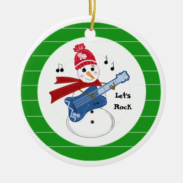 Snowman Playing Electric Rock Guitar Ceramic Tree Decoration (Front)