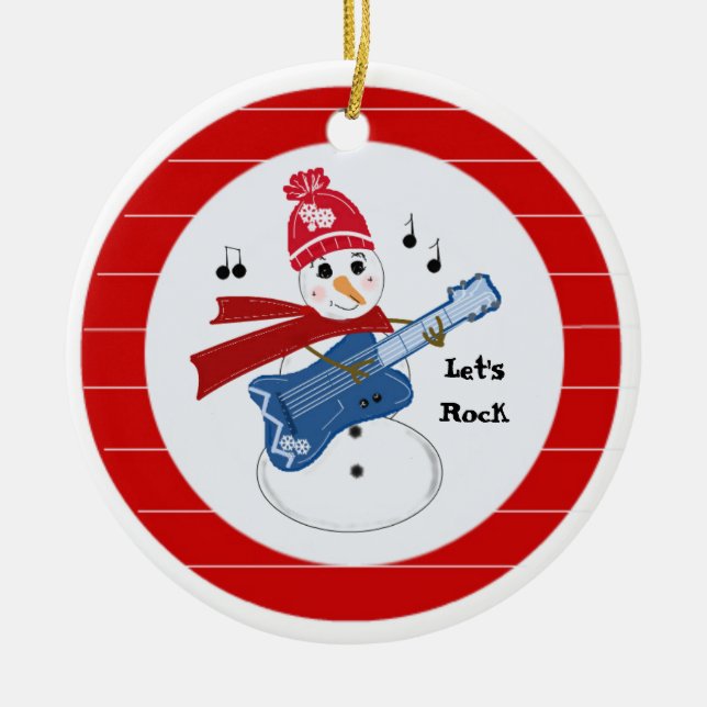Snowman Playing Electric Rock Guitar Ceramic Tree Decoration (Front)