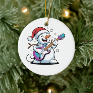 Snowman Playing Guitar Electric Rock Christmas  Ceramic Tree Decoration