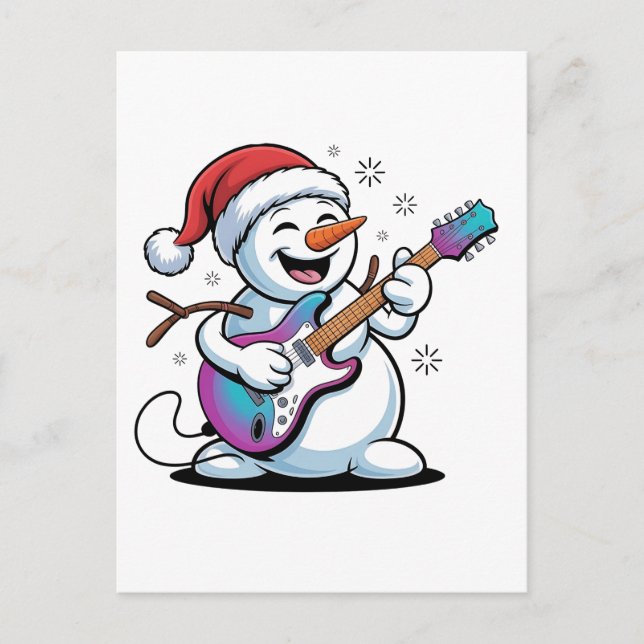 Snowman Playing Guitar Electric Rock Christmas  Invitation Postcard (Front)