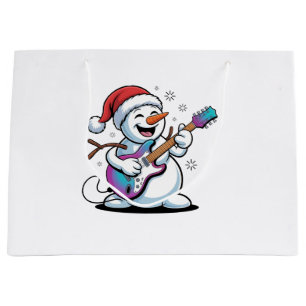 Snowman Playing Guitar Electric Rock Christmas Large Gift Bag