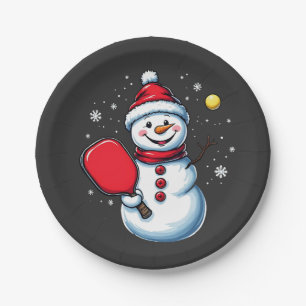 Snowman Playing Pickleball Sport Christmas Lover  Paper Plate