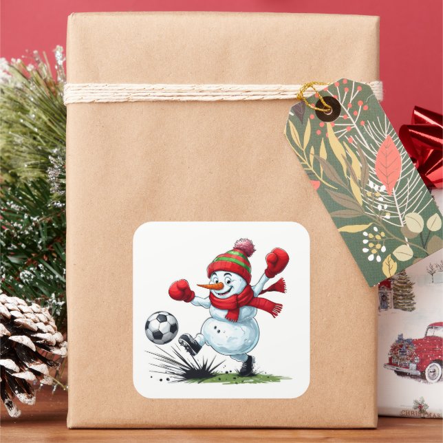 Snowman Playing Soccer Kicking Ball Square Sticker (Holiday)