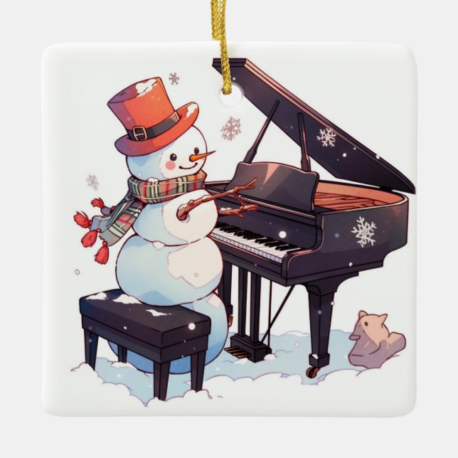Snowman Playing the Piano Ceramic Ornament (Front)