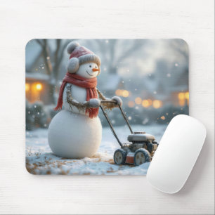 Snowman Pushing a Retro Lawnmower On Snowy Grass Mouse Pad
