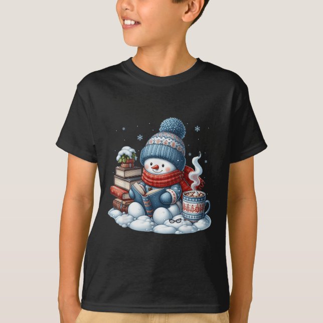Snowman Reading Books Lovers Librarian Bookworm Ch T-Shirt (Front)