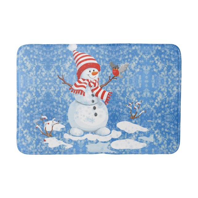 Snowman Red Bird Christmas Bathroom  Bath Mat (Front)
