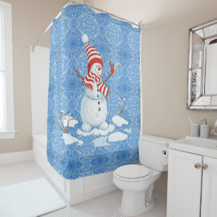 Snowman Red Bird Christmas Bathroom Tub Shower Cur Curtain