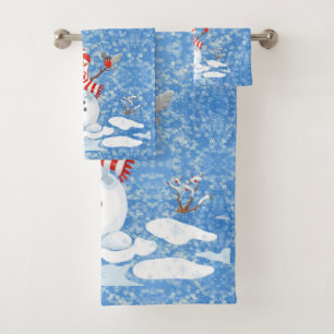 Snowman & Red Bird Christmas Guest Bathroom Bath T Towel Set