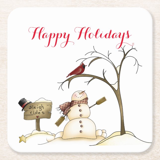 Snowman Red Bird Tree Sleigh Rides Paper Coaster (Front)
