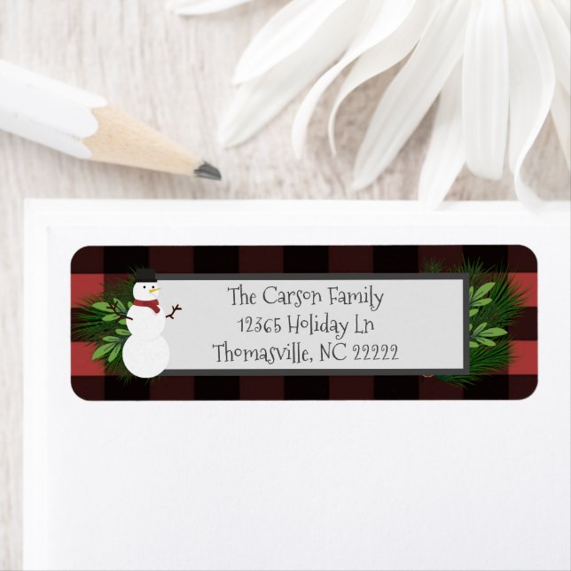 Snowman Red Buffalo Plaid Address Labels (Insitu)