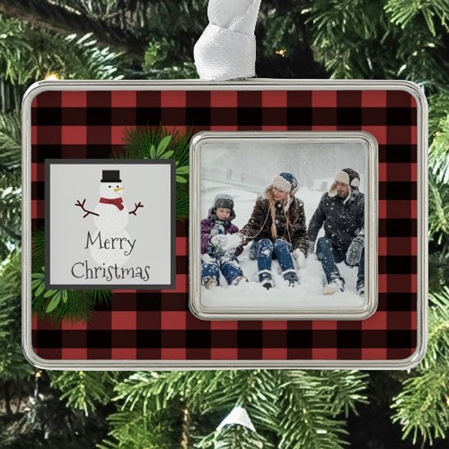 Snowman Red Buffalo Plaid Framed | Black and Red Silver Plated Framed Ornament (Red Snowman Buffalo Plaid Framed Ornament)