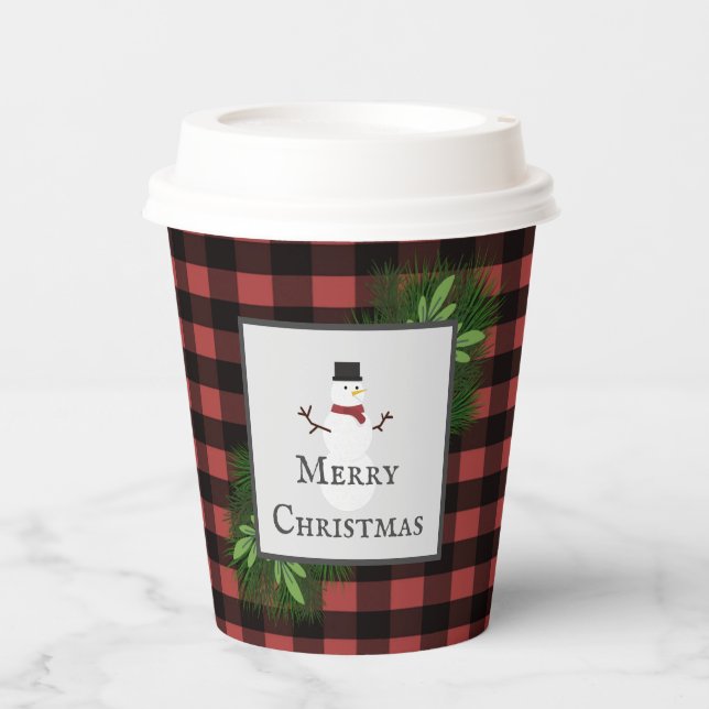 Snowman Red Buffalo Plaid Paper Cup (Front)
