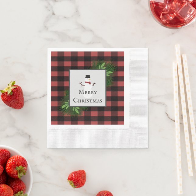 Snowman Red Buffalo Plaid Paper Napkin (Insitu)