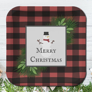 Snowman Red Buffalo Plaid Paper Plate
