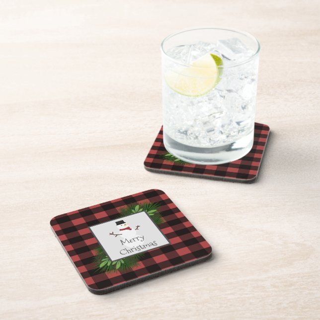 Snowman Red Buffalo Plaid Plastic Coaster (Right Side)