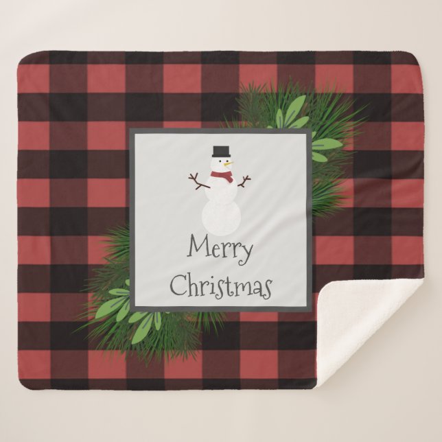 Snowman Red Buffalo Plaid Sherpa Blanket (Front (Horizontal))