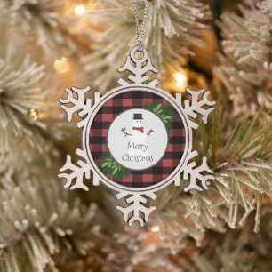 Snowman Red Buffalo Plaid Snowflake Ornament
