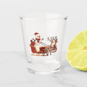 Snowman Riding a Christmas Sleigh Santa Hat Xmas Shot Glass