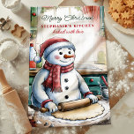 Snowman Rolling Dough Personalised Christmas Tea Towel<br><div class="desc">Add a whimsical touch to your holiday kitchen with this personalised towel,  featuring an adorable snowman rolling dough for Christmas baking. Customise with your name to make it uniquely yours. A perfect festive addition to your kitchen or a thoughtful gift for holiday baking enthusiasts.</div>