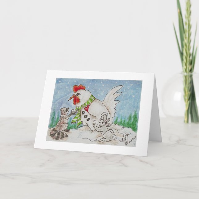 Snowman Rooster,  Racoon and Bunny Friends Holiday Card (Front)