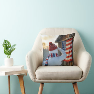 Snowman Saluting an American Flag Cushion