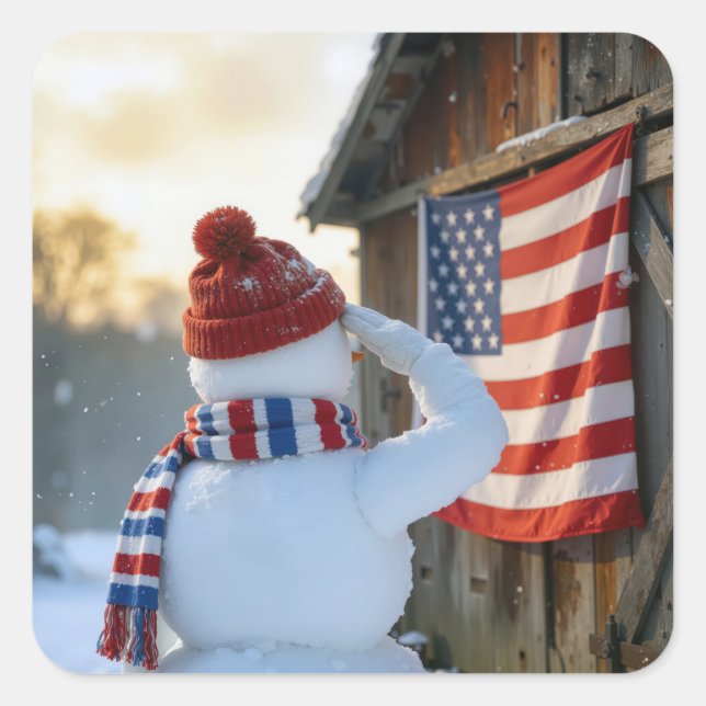 Snowman Saluting an American Flag Square Sticker (Front)