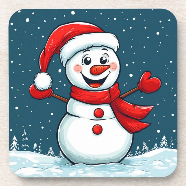 Snowman Santa Hat Christmas Holiday Fun Coaster (Front)