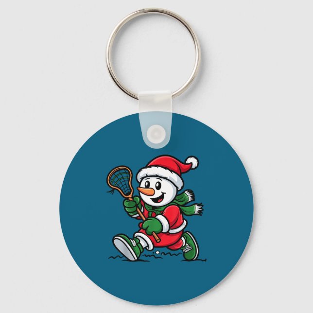 Snowman Santa Hat Playing Lacrosse Christmas Playe Key Ring (Front)
