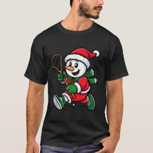 Snowman Santa Hat Playing Lacrosse Christmas Playe T-Shirt