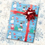 Snowman Santa Kids Personalised Blue Christmas  Wrapping Paper<br><div class="desc">This colourful and fun pattern Christmas wrapping paper is personalised with your child's own name. It features a pattern of cute Holiday images, including two snowmen, various tree ornaments, a festive bell, a candy cane, and, of course, Santa Claus and a sleigh loaded with his sack of toys. The bright...</div>