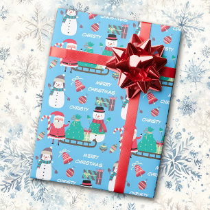 Snowman Santa Kids Personalised Blue Christmas Wrapping Paper