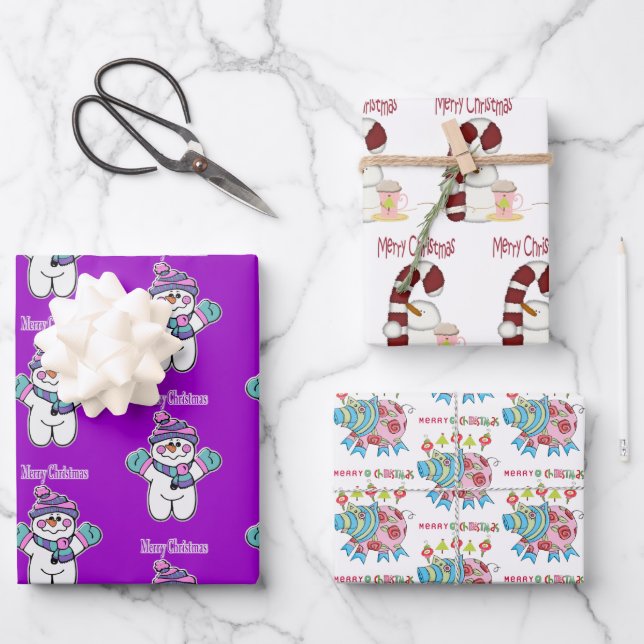 Snowman Sheets Wrapping Paper Pig  (Front)